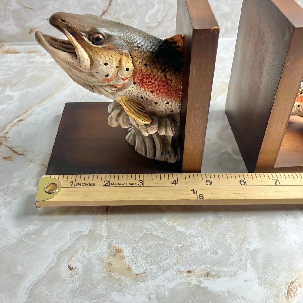 VTG Sterling Rainbow Trout Freshwater Fish Bookends Resin & Wood Rustic - Picture 12 of 12
